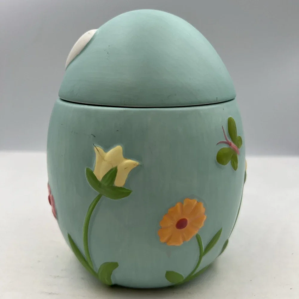 2010 Jelly Bean Candy Ceramic Blue Egg Carrot‎ Bunny Jar w Lid Easter